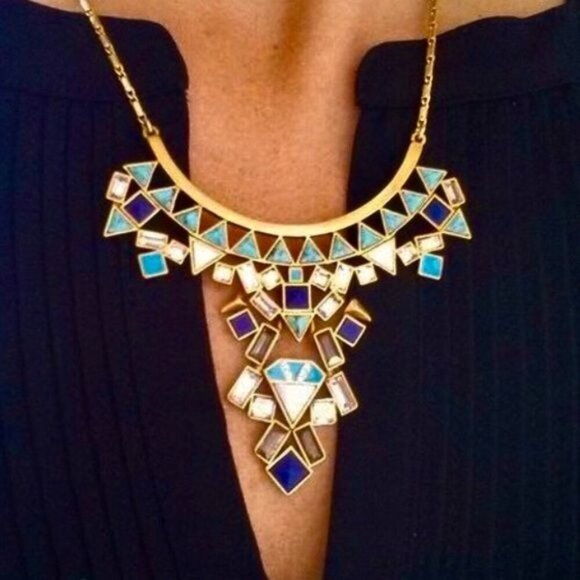 💜 Stella & Dot Mosaic Stone Tile Statement Necklace Blue - Picture 5 of 11